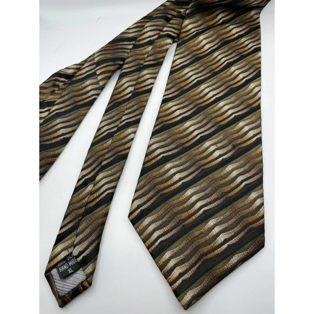 Alberto Zerra Rome New York Mens XL Silk Tie Wavy Stripe Green Bronze Gold 4